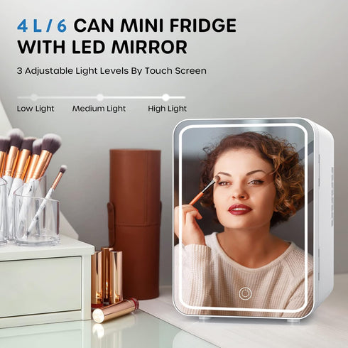 ECOWELL Mini Skincare Fridge with LED Mirror, 4L/6 Can for Makeup Cosmetic Beauty, Small Refrigerator for Bedroom Office
