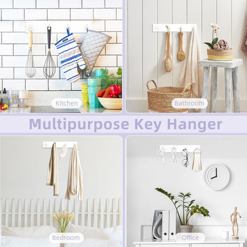 VIS'V Key Holder Wall Mount, Large Metal Self Adhesive Key Hanger with 4 Hooks, No Drilling, White