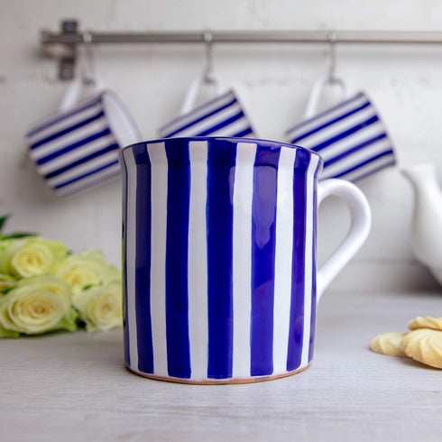 City to Cottage Handmade Dark Navy Blue Stripe Ceramic Extra Large Mug, 17.5oz/500ml for Hot Chocolate, Coffee