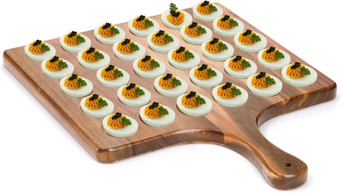 30 17"x13" Okllen Holes Reversible Wooden Deviled Egg Platter with Handle, Acacia Wood Deviled Egg Tray Charcuterie