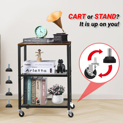 LIANTRAL 3 Tier Rolling Cart, Brown Kitchen Utility Cart on Wheels for Kitchen, Bathroom, Living Room, Office