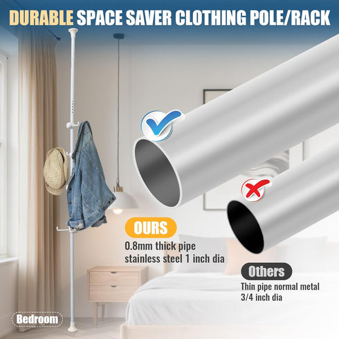 12 Corner Coat Rack - Hook Tension Rod Plant Stand Stainless Steel Organizer for Coats, Towels, Plants & More, No