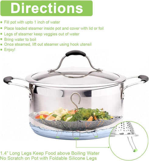 Stainless Steel Steamer Basket for Instant Pot, Adjustable Sizes for Veggie/Seafood Cooking (5.1" to 9.5")