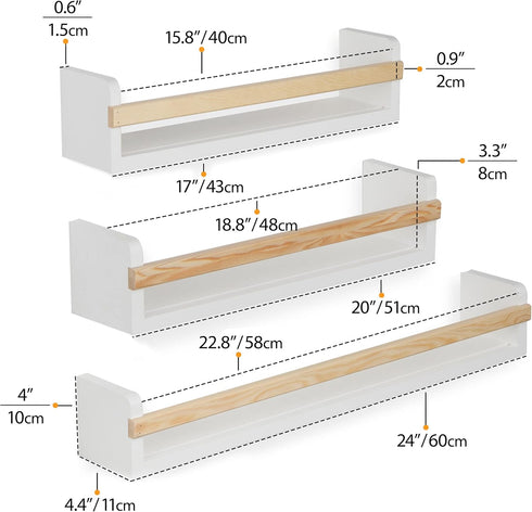 Set 3, Wallniture Utah Wall Mount Nursery Dcor Kids Bookshelf Floating Wall Shelves Book Photo Display Long Varying