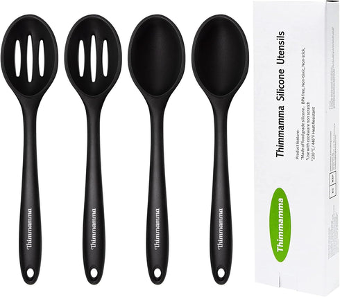 Silicone Cooking Spoon 4 Pack - Nonstick Kitchen Spoons for Cooking, Slotted and Solid Serving Spoon, Heat Resistant