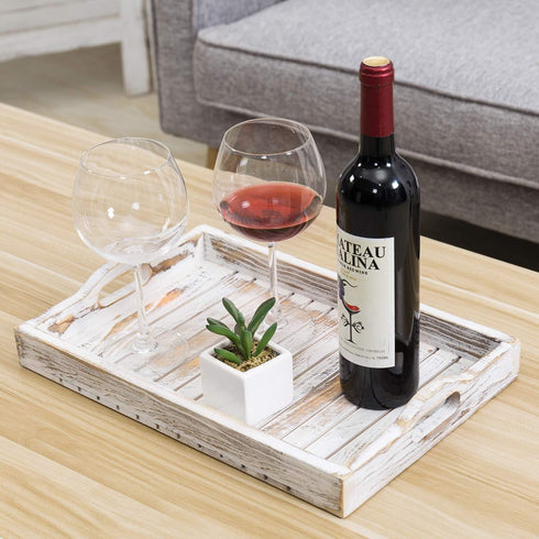 16 11 Inches MyGift Shabby Chic Whitewashed Wood Breakfast Serving Tray with Cutout Handles with Slatted Design