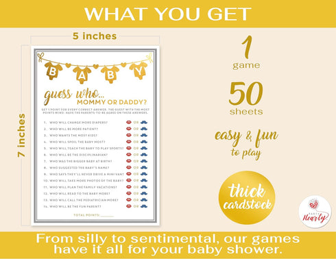 Party Hearty Baby Shower Games, 50 pcs Mommy or Daddy Guess Who Game, Fun Activity Cards