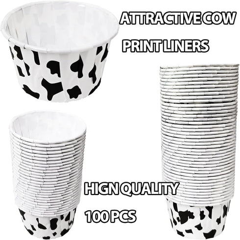 100 Pcs Cow Print Cupcake Liners Case Cow Baking Cups Cow Print Cupcake Wrappers Holders Ice Cream Cups Waterproof and Greaseproof for High Temperature, Noraml, Black/White by EaciTown