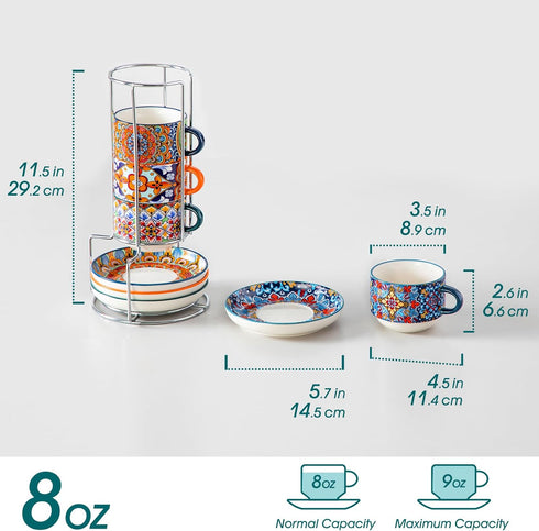 8 Oz Set 4,Bohemian Cafe-03 vancasso Stackable Espresso Cups with Saucers and Metal Stand of Ceramic Cappuccino Cups