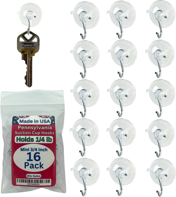 16-Pack Mini 3/4 inch Heavy Duty Suction Cup Hooks for Glass Windows, Made in Pennsylvania, Holds Pound