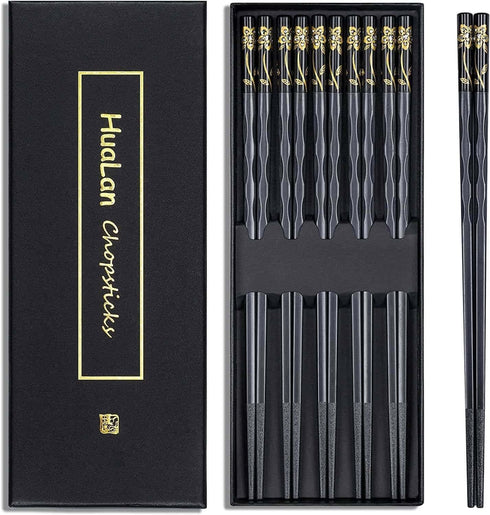 Fiberglass Chopsticks Series, Japanese Non-Slip Reusable Chopsticks, 5 Pairs Gift Set, 9.9 Inches, Black
