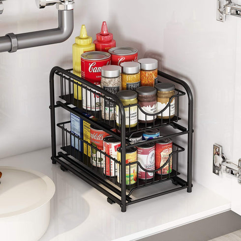 AIYAKA Pull-out Cabinet Organizer, Stackable 2-tier Under Sink Rack with Sliding Storage Drawer for Bathroom, Kitchen,