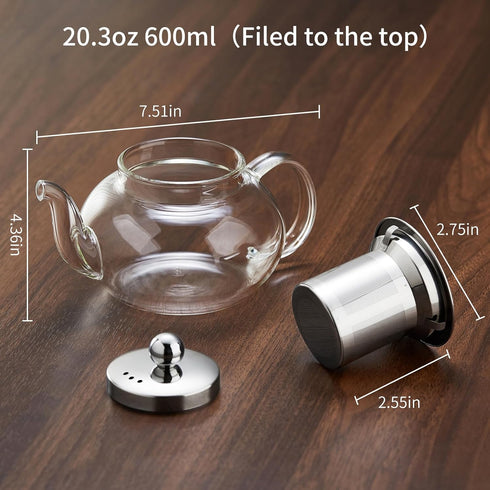 Glass Teapot Stovetop Safe - 20 oz/600 ml Borosilicate Glass Kettle with Loose Leaf Tea Strainer for Flower Blooming Tea