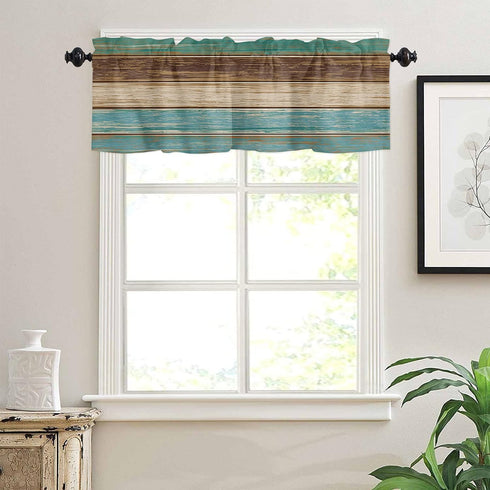 Rustic Farmhouse Valances Curtains for Kitchen Windows, Retro Wood Rod Pocket Curtain Toppers, Teal Green Brown