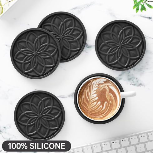 Set 6 Pack HFHOME Silicone Coasters with Holder - Drink Coasters for Coffee Table, Bar, Desk - Tabletop Protection Gift