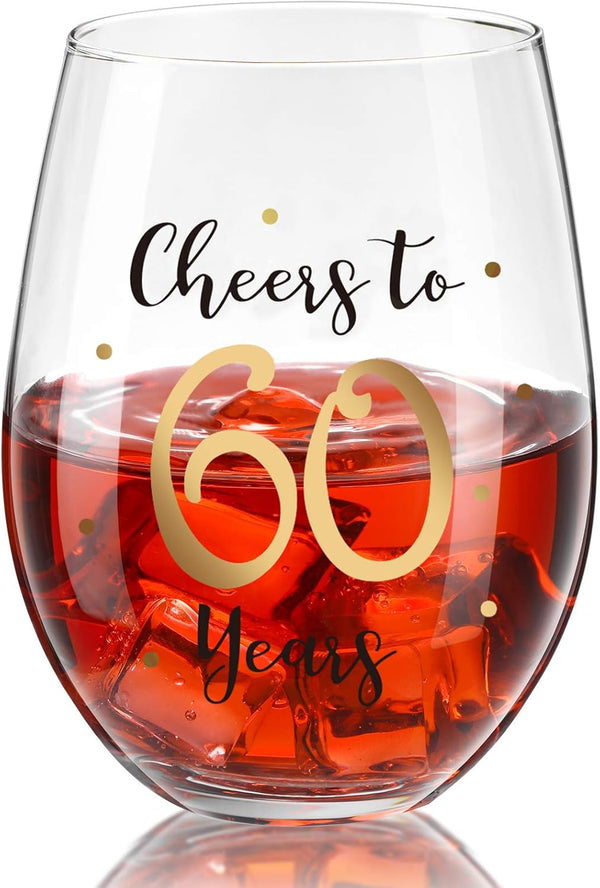 Gold Birthday Stemless Wine Glass - 17 oz Present for Men Women Party Wedding Anniversary Decorations (Cheers to 60