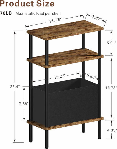 Newmics 3-Tier Narrow Side Table with Fabric Basket, End Table for Small Spaces, Slim Nightstand with Storage Shelf