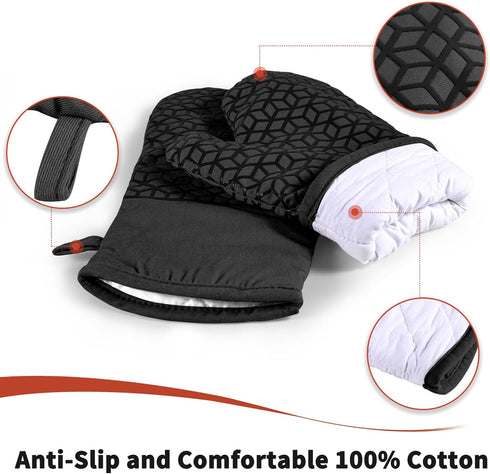 Oven Mitts and Pot Holders Set, 6 Pcs, High Heat Resistant, Large Size, Non-Slip Silicone Surface (Black)