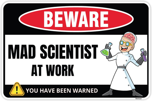 Venicor Mad Scientist Sign Decor - 8 x 12 Inches Aluminum Classroom Science Decorations, Cool Chemistry Poster