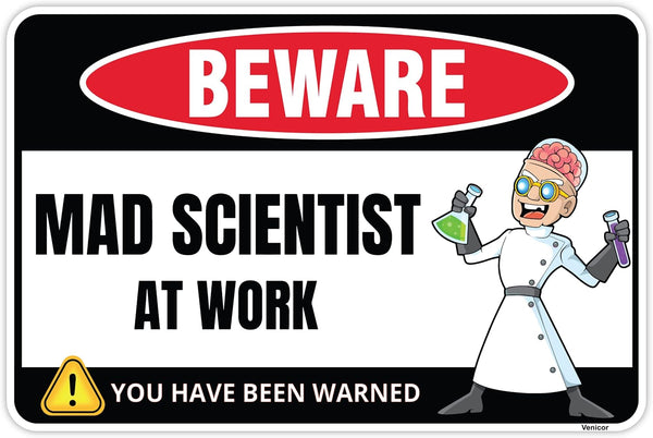 Venicor Mad Scientist Sign Decor - 8 x 12 Inches Aluminum Classroom Science Decorations, Cool Chemistry Poster