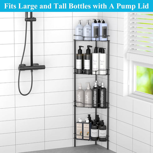 HuggieGems 4-Tier Corner Shower Caddy Organizer with Hooks - Black Bathroom Shelf Stand