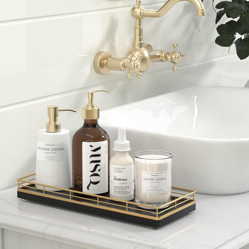 Oak Wooden Decorative Kitchen Tray, 11" L Dish Soap Sponge Holder for Sink Countertop, Spice Salt and Pepper Organizer