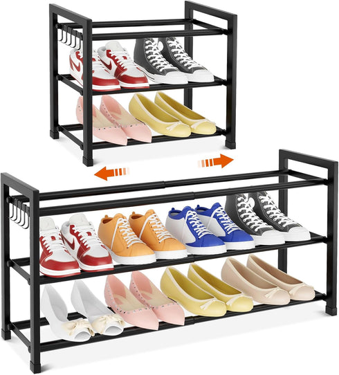 18.5"33", 3-Tier Closet, 12 Expandable Shoe Rack for Small Spaces, Adjustable Width Sturdy Metal Shoe Organizer