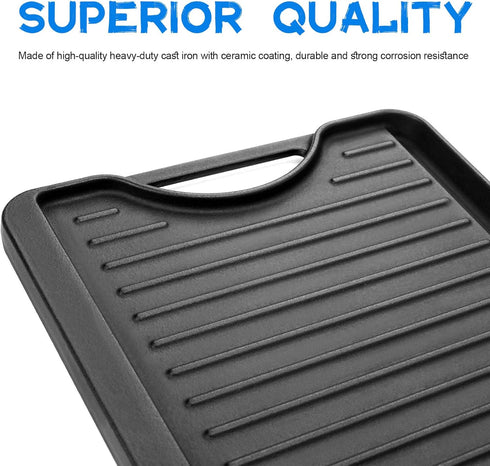 GGC Cast Iron Reversible Griddle, 2-in-1 Griddle Pan for Gas Stove Tops, 20 x 10.5 Flat and Ribbed Plate