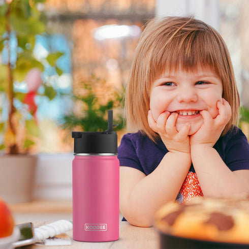koodee 12 oz Water Bottle with Straw, Stainless Steel Double Wall Vacuum Insulated Flask for Girls and Boys (Pink Red)