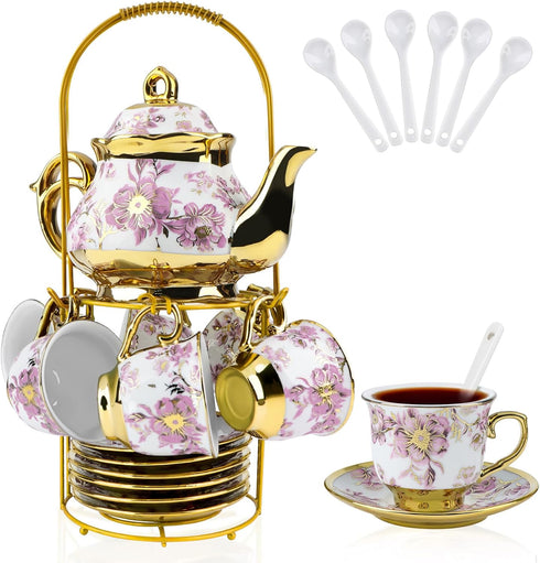20 Pcs Porcelain Tea Set with Metal Holder, European Ceramic Tea Set