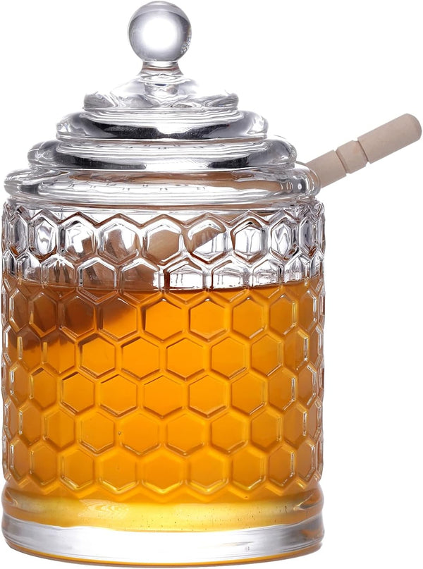 Honey Jar with Dipper and Lid, Thick Glass Honey Pot with Lid