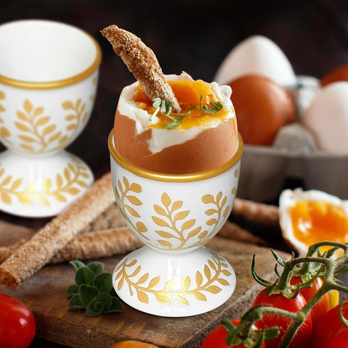 Set 2 Cinf Ceramic Egg Cup of Champagne Gold Porcelain Holder Breakfast Boiled Cooking Easy to Clean Childhood Memories
