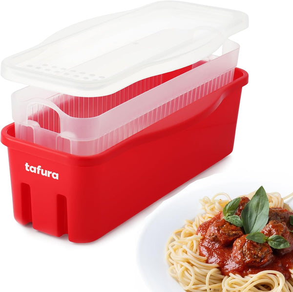 Tafura Microwave Pasta Cooker, Double Straining System, Microwavable Spaghetti Cooker with Drainer, BPA Free