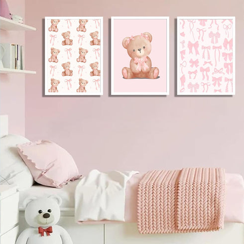3Pcs Pink Teddy Bear Wall Art Coquette Bow Wall Decor Pictures Cute Animal Nursery Canvas Posters Prints for Baby Girls
