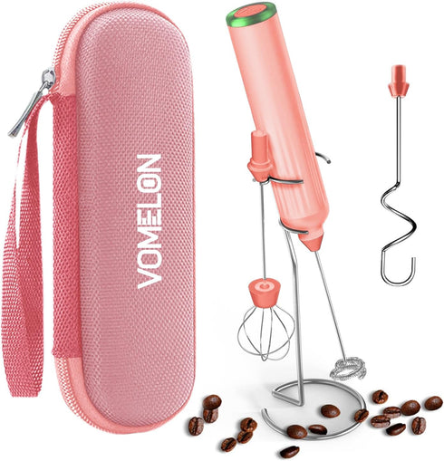 Milk Frother Handheld with 3 Stainless Steel Whisks, Rechargeable Electric Drink Mixer with Stand & Travel Case for