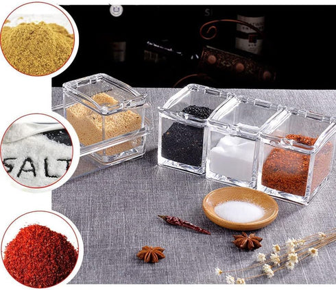 Clear Seasoning Box, 4 Spice Jars with Lids and 4 Pcs Spoons, 1 Pcs Tray for Salt, Sugar, Cardamon, Cinnamon