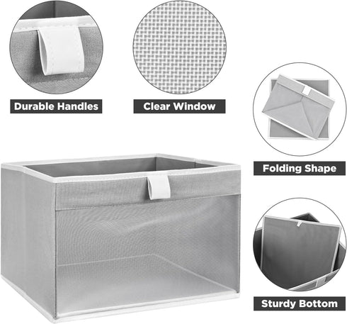 Storage Bins with Clear Window, Foldable Linen Closet Organizers for Towels, Books, Toys, 12.75" x 12.75" x 9", Gray,