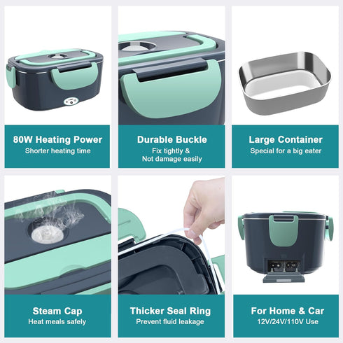 Electric Heated Lunch Box for Adults, 80W 1.5L Leak-Proof Stainless Steel Container, 12/24/110V with Fork & Spoon