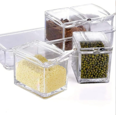 KNC Transparent Spice Rack, 4 Piece Acrylic Storage Container Jars with Cover and Spoon, Kitchen Organizer