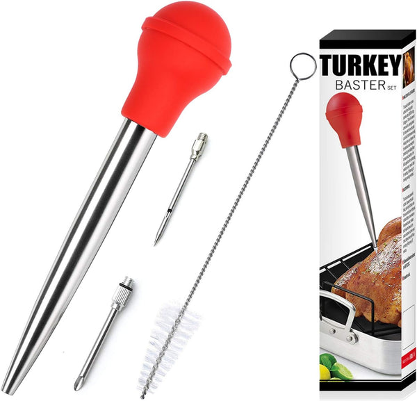 Stainless Steel Turkey Baster with Cleaning Brush - Food Grade Syringe Baster for Cooking & Basting with Needles