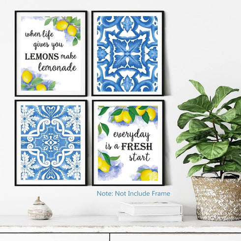 XUOIAYNB Blue Flower Pattern Lemon Art Print, Mexican Tile Lemon Fruit with Inspirational Quote Canvas Wall Art