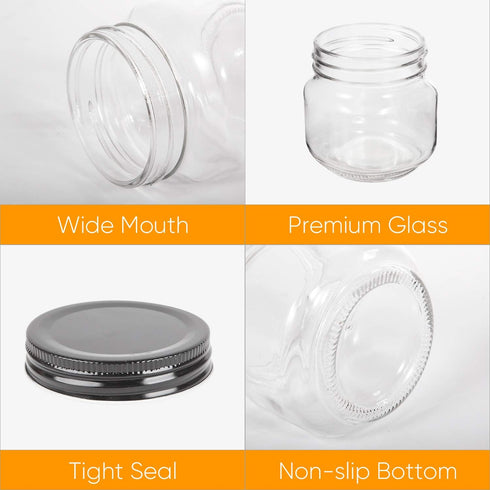 QAPPDA Mason Jars - 8 oz Glass Jars with Lids for Canning, Wide Mouth Spice Jars with Black Lids, Set of 30