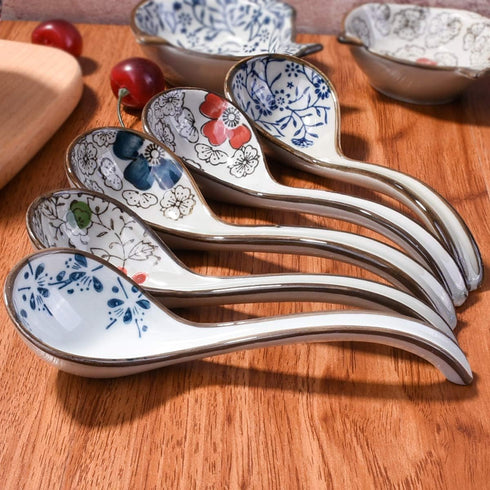 Large Hand-Painted Japanese and Korean Ceramic Soup Spoon Set of 5, Long Handle Rice Spoons