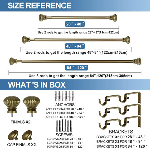 Urbanest Fluted Ball Adjustable Double Drapery Curtain Rod Set - 5/8", 48"-84", Antique Gold