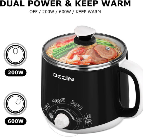 Dezin Hot Pot Electric, Rapid Noodles Cooker, 1.6 Liter Stainless Steel Pot with Temperature Control