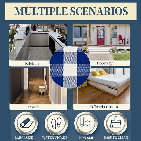 SEEKSEE Cotton Buffalo Plaid Rug, 27.5"x43", Blue and White Checked Washable Doormat for Indoor Outdoor Use