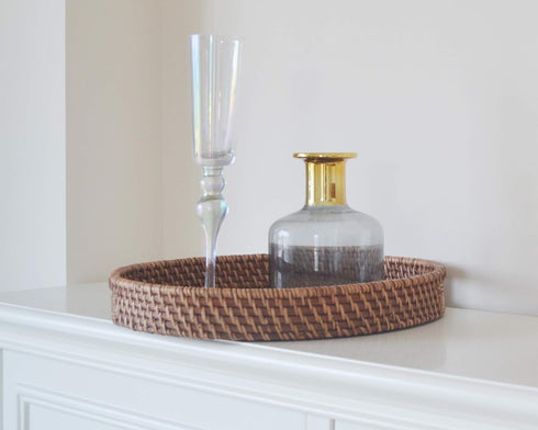 13.8"x2") Round Rattan Woven Serving Tray with Handles Ottoman Tray for Breakfast, Drinks, Snacks for Coffee Table