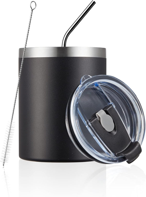 MEWAY 12 oz Lowball Tumbler, Stainless Steel Double Wall Vacuum Insulated Mug with Straw and Lid, Black