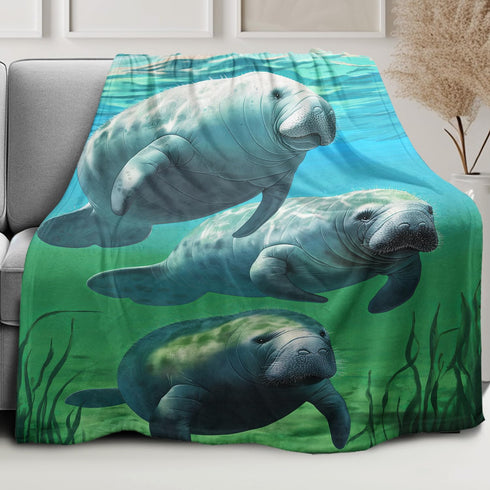 50x80 Soft Plush Blanket, Comfort Warmth Throw for Couch, Underwater Manatee Family Green