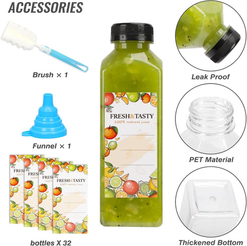 32pcs 16oz TOMNK Plastic Juice Bottles with Lids, Juice Containers with Caps and Labels, Funnel, Brush, Beverage